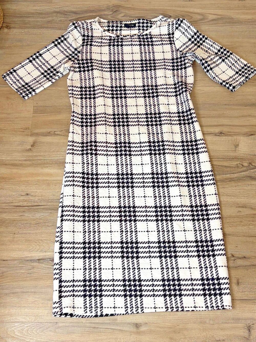 Tacera Black and White Houndstooth Plaid Gingham Textured Midi Dress Medium M